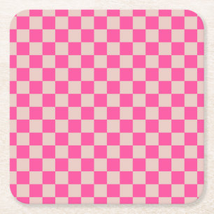 Kontrollera Coral Rosa Checkboard i Mönster Underlägg Papper Kvadrat
