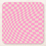 Kontrollera kontrollpanelen för persikor och Rosa  Underlägg Papper Kvadrat<br><div class="desc">Retro Checkered mönster - peach and rosa twisted check/vågigt and warped checkerboard.</div>