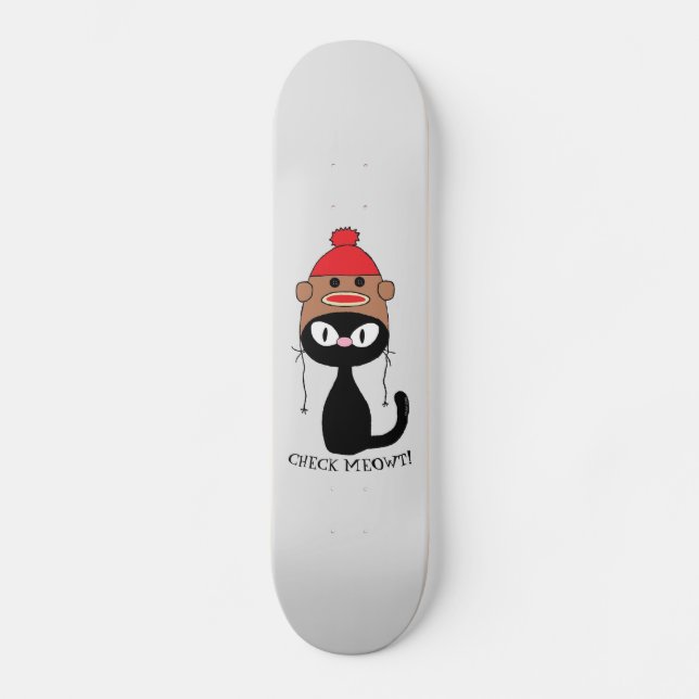 Kontrollera meowt Black Cat med Sock monkey Hat Mini Skateboard Bräda 18,5 Cm (Framsida)