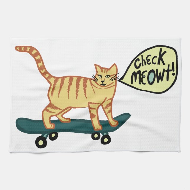 Kontrollera Meowt Punny Skateboarding Tabby katt Kökshandduk (Horisontell)