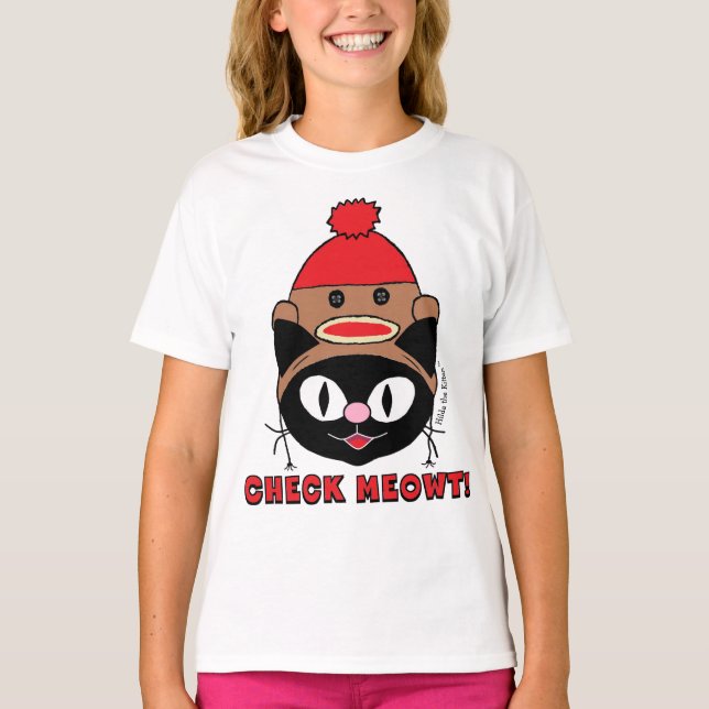 KONTROLLERA MEOWT! Svart katt med Sock monkey T Shirt (Framsida)