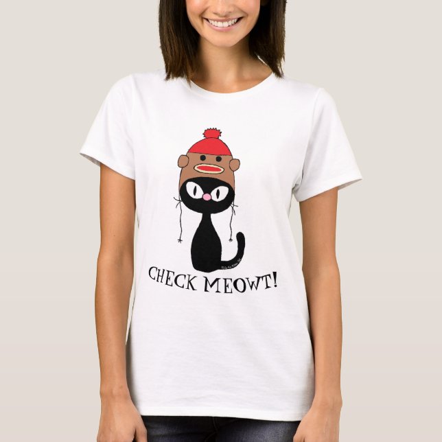KONTROLLERA MEOWT! Svart katt med strumpmonkeymöss T Shirt (Framsida)
