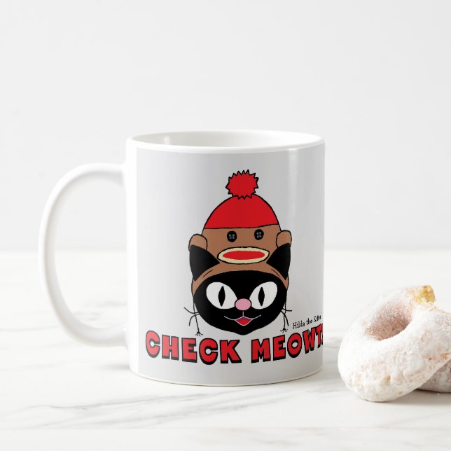 KONTROLLERA MJAU! Tecknad katt med strumpmonkeymös Kaffemugg (Med munk)