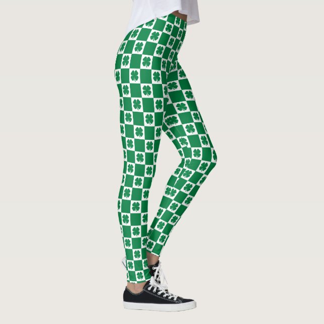 Kontrollerad Grönt och vit Shamrock Klöver Mönster Leggings (Höger)