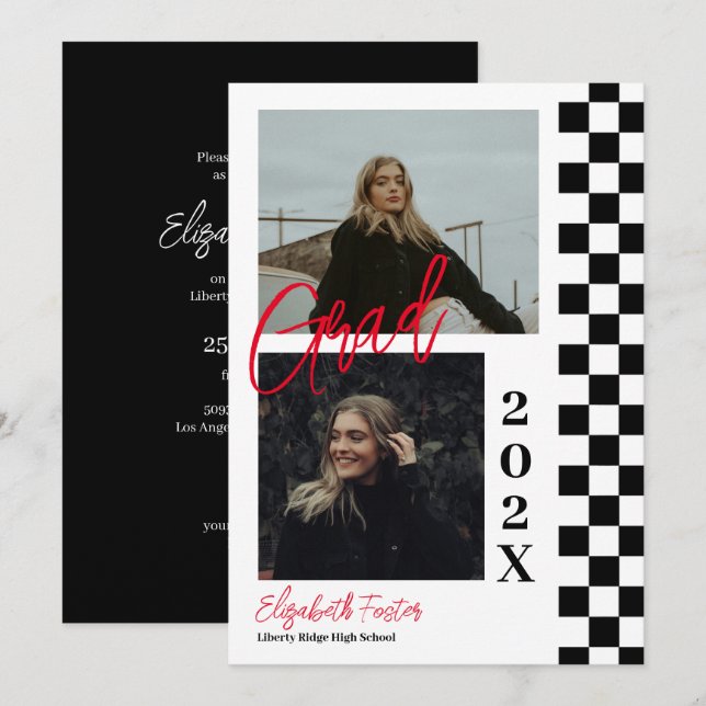 &Kontrollerad med röd inbjudan till studenten (Fram/baksida)