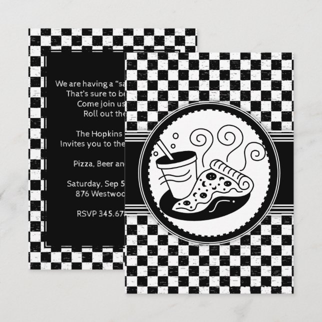 Kontrollerad Pizza-Party Svartvit Mönster Inbjudningar (Fram/baksida)