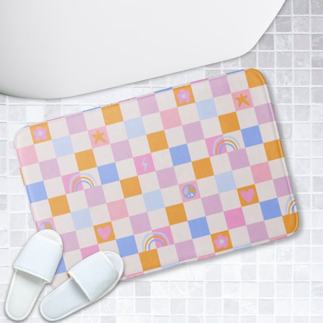 Kontrollerad Rainbow Boho Peace Kärlek Bath Mat Badrumsmatta (Checkered Rainbow Boho Peace Love Bath Mat)