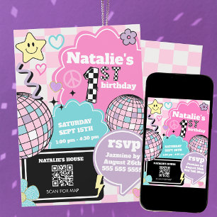 Kontrollerad Retro Groovy Disco 1:a födelsedagen P Inbjudningar