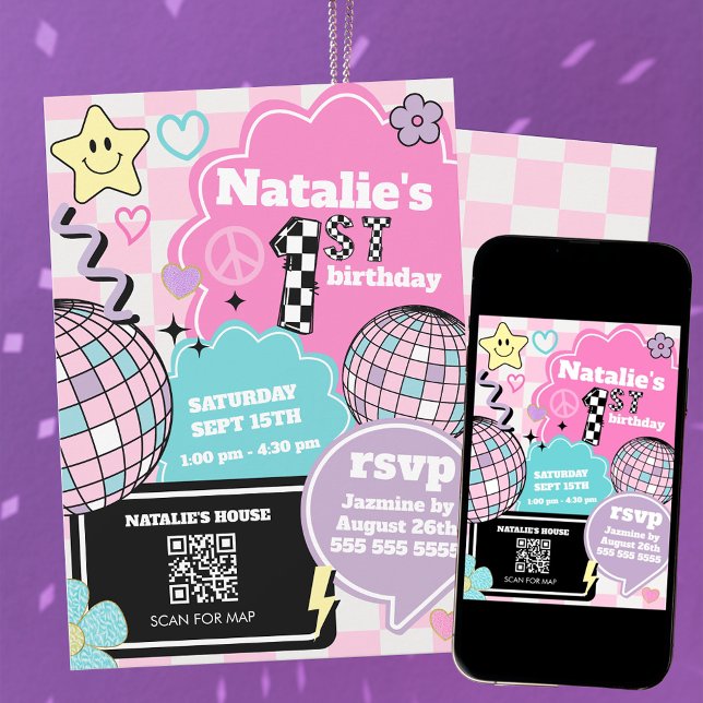 Kontrollerad Retro Groovy Disco 1:a födelsedagen P Inbjudningar (Skapare uppladdad)