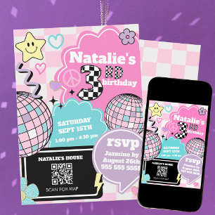 Kontrollerad Retro Groovy Disco 3:e födelsedag Par Inbjudningar