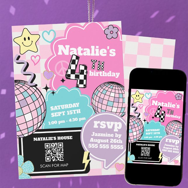 Kontrollerad Retro Groovy Disco 4e födelsedagen Pa Inbjudningar (Skapare uppladdad)