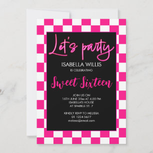 Kontrollerad svart shock rosa Lets party Sweet 16 Inbjudningar