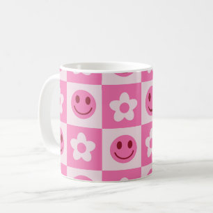Kontrollerade blommor och Lycklig Ansikte Rosa Kaffemugg
