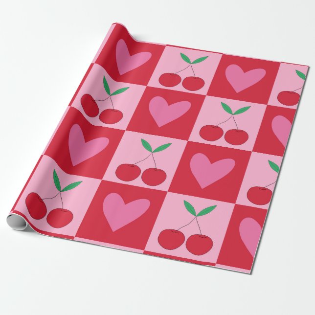 Kontrollerade körsbär med Rosa Hearts Mönster Presentpapper (Utrullad)