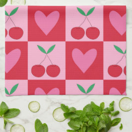Kontrollerade körsbär och Rosa Hearts Mönster Kökshandduk