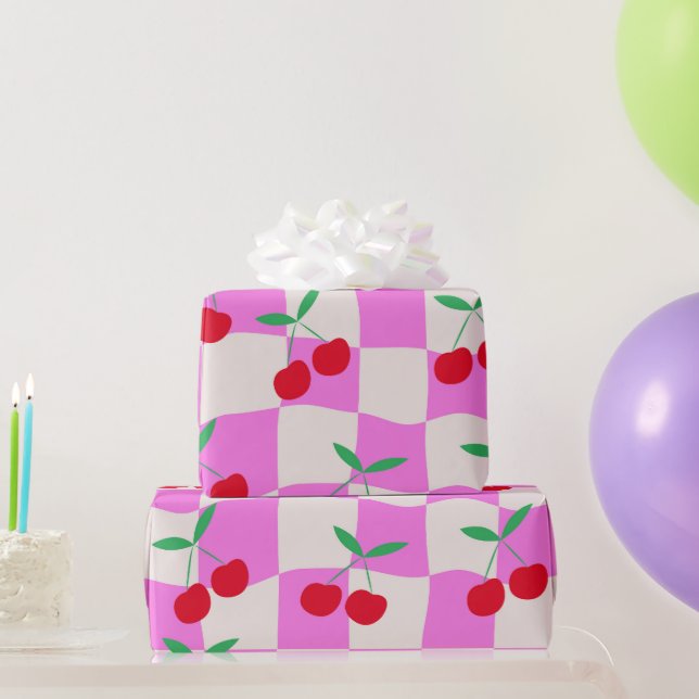 Kontrollerade körsbär på Rosa Warpe Checkerboard Presentpapper (Festgåvor)