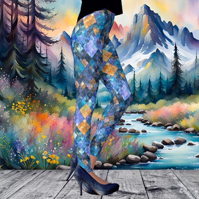 Kontrollerade mosaiska geometriska balgningar i Mö Leggings (Leggings featuring a modern patterned mosaic design in blue purple with some other colors)