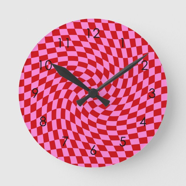 Kontrollerade Retro Warpe Red Rosa Checkered      Rund Klocka (Framsida)