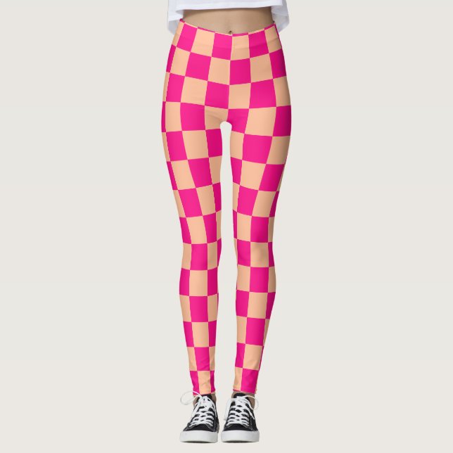 Kontrollerade rutor persienn shock rosa geometrisk leggings (Framsida)