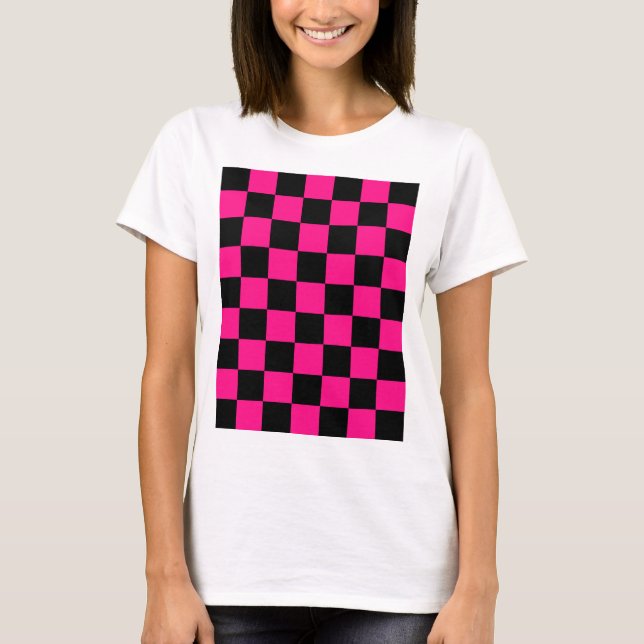 Kontrollerade rutor, shock rosa, svart geometrisk  t shirt (Framsida)