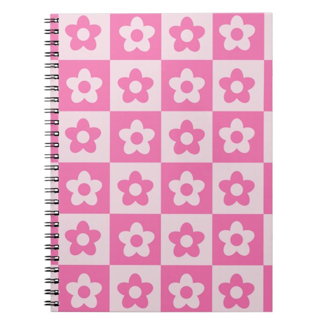 Kontrollerade Shock rosa och vita Retro Flowers Mö Anteckningsbok (Framsidan)