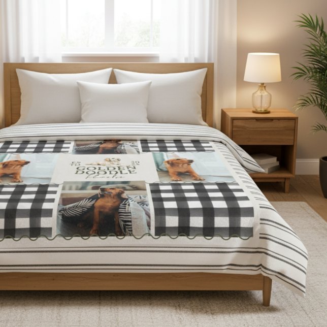 Kontrollerat Gingham Golden Doodle Pet Four Photo Fleecefilt (Cozy up with this Checkered Gingham Golden Doodle Pet Four Photo Fleece Blanket!)