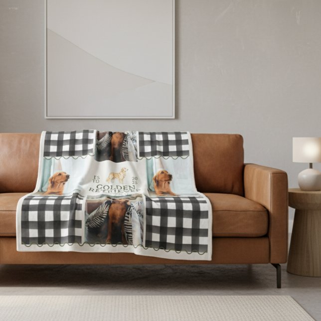 Kontrollerat Gingham Golden Retriever Pet Four Pho Fleecefilt (Cozy up with this Checkered Gingham Golden Retriever Pet Four Photo Blanket!)