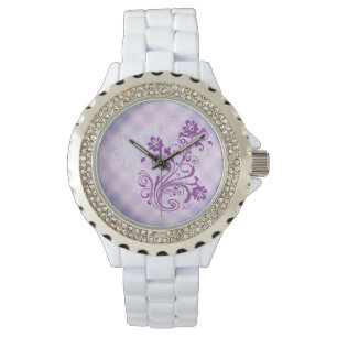 Kontrollerat PurpleFloralSwirl White Rhinestone Wa Armbandsur