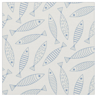 Kontur Doodle Blå Sardin Fiskmönster Tyg