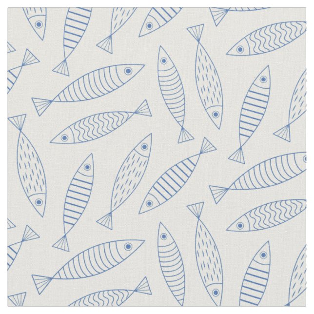 Kontur Doodle Blå Sardin Fiskmönster  Tyg (Närbild)