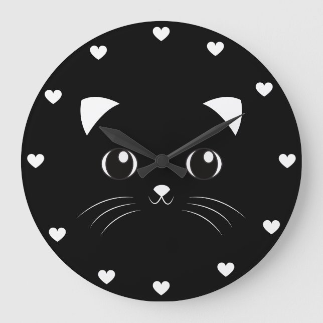 Kontur för Cute Kawaii Black Cat ansikte Stor Klocka (Framsida)