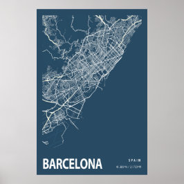 Konturblått utskrift av Karta i Barcelona Poster