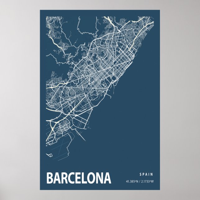Konturblått utskrift av Karta i Barcelona Poster (Framsidan)