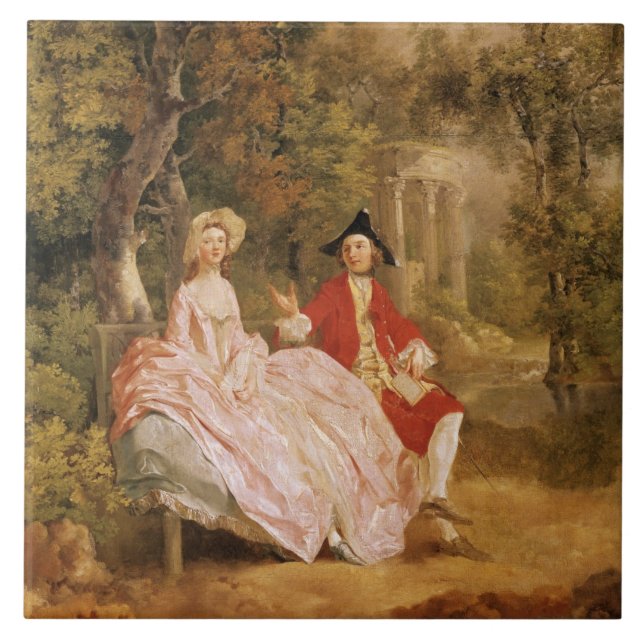 Konversation i en parkera, porträtt av konstnären kakelplatta (Framsidan)