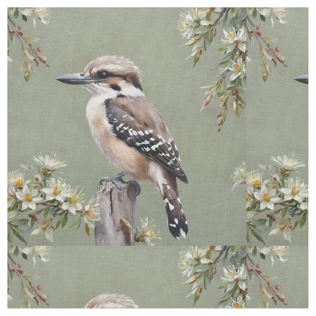 Kookaburra och Blommar Eucalyptus Tyg (Närbild)