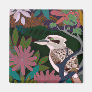Kookaburra Tropisk Fågel Växter målning blomma Ma Magnet