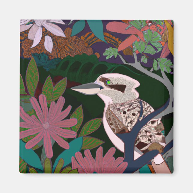 Kookaburra Tropisk Fågel Växter målning blomma Ma Magnet (Framsidan)