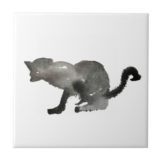 Kool svart vattenfärg kattunge kakelplatta (Framsidan)
