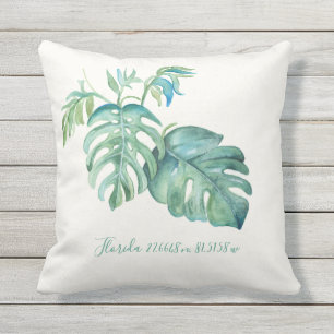 Koordinater för vattenfärg Monstera Löv Karta Kudde