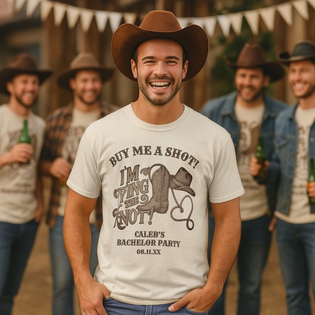 Köp mig ett Shot Tying Knot Cowboy Bachelor Party T Shirt (For the Groom! Buy that man a shot!)