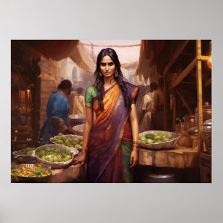 Köp på en indisk gatumarknad - oljemålning poster
