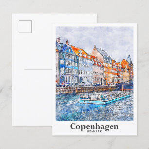 Köpenhamn Danmark Art Travel Watercolor Sketch Vykort
