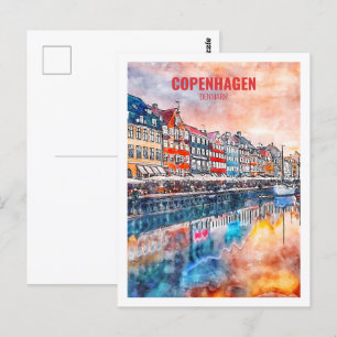 Köpenhamn Danmark Berömd Travel Ställe Watercolor Vykort