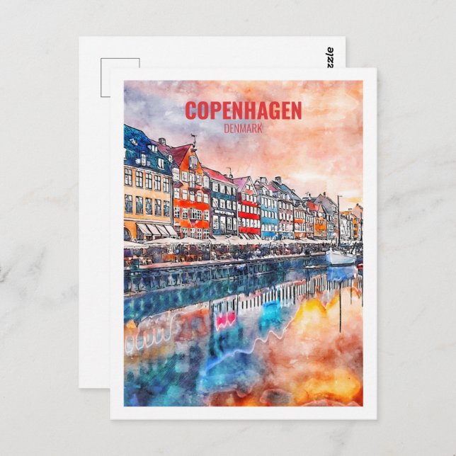Köpenhamn Danmark Berömd Travel Ställe Watercolor Vykort (Fram/baksida)