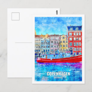 Köpenhamn Danmark Berömd Travel Ställe Watercolor Vykort