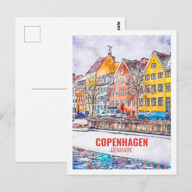 Köpenhamn Danmark Berömd Travel Watercolor Sketch Vykort (Fram/baksida)