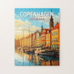 Köpenhamn Danmark Travel Art Vintage Pussel<br><div class="desc">Färddesign för Köpenhamnsreflektor. Köpenhamn,  Danmarks huvudstad,  är belägen på kustöarna i Zeeland och Amager. Den är kopplad till Malmo i södra Sverigen av Öresundsbron.</div>