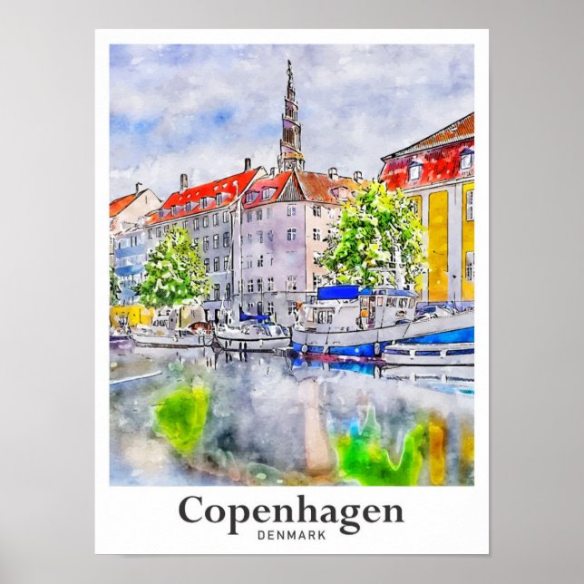 Köpenhamn Danmark Travel Watercolor Hand plockade Poster (Framsidan)