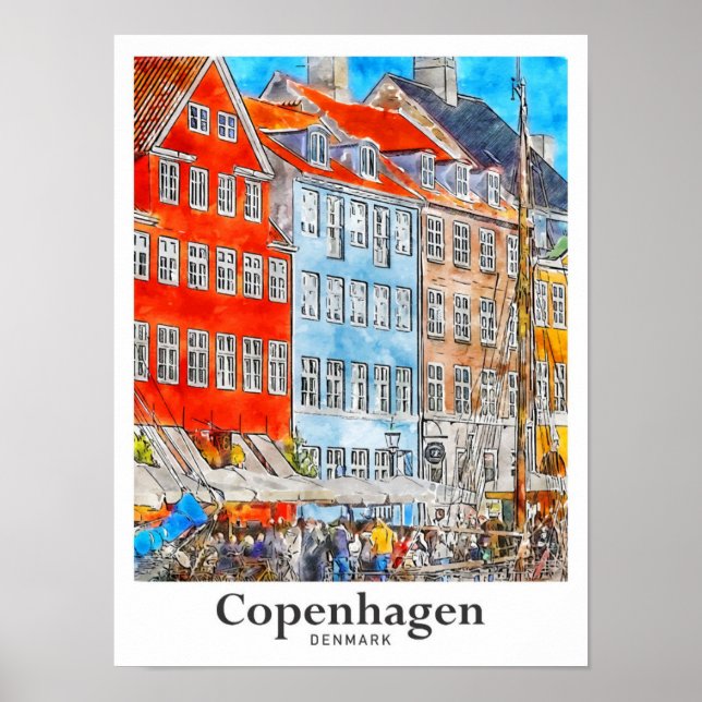 Köpenhamn Danmark Travel Watercolor Sketch Poster (Framsidan)
