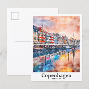 Köpenhamn Danmark Watercolor Sketch Hand plockade Vykort